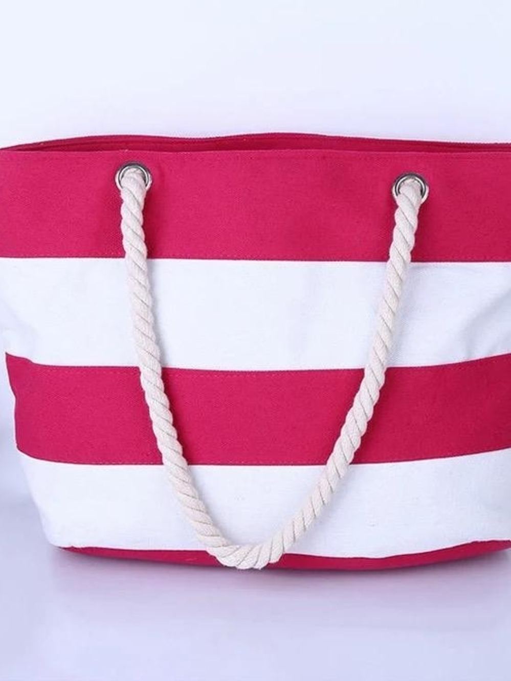 Striped Pink & White Beach Tote Bag with Rope Handles